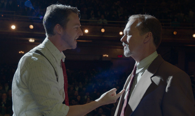 Edward Norton and Michael Keaton inside the theatre