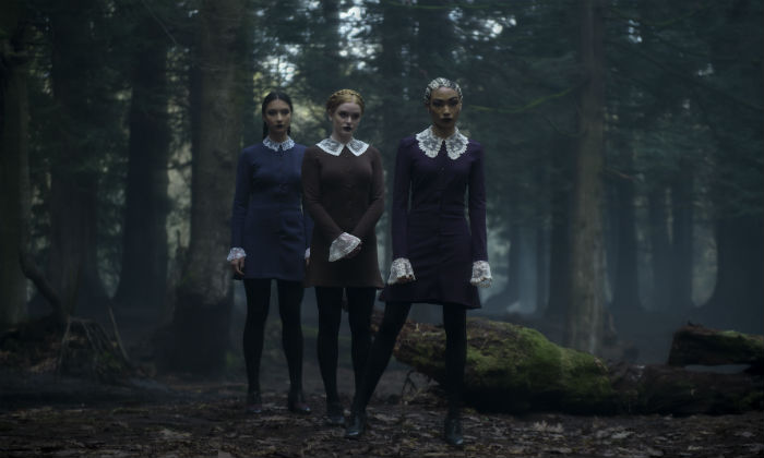 [L-R] Adeline Rudolph, Abigail F. Cowen and Tati Gabrielle as Agatha, Dorcas and Prudence 