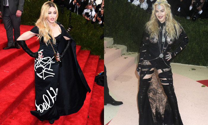 Madonna at Met Gala 2015 (L) and 2016 (R)