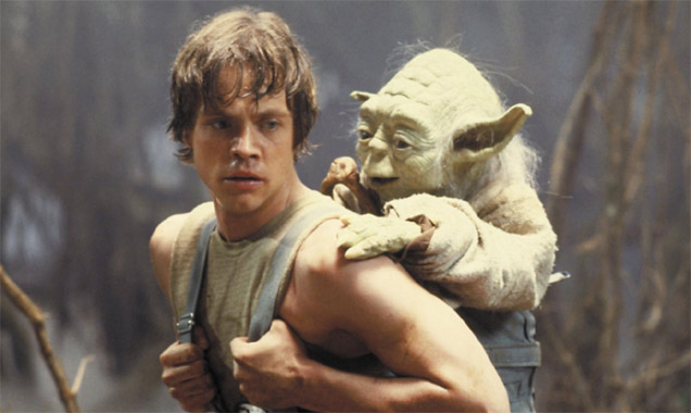 Mark Hamill as Luke Skywalker with Yoda in 'The Empire Strikes Back'