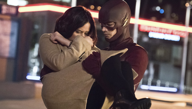 Malese Jow and Grant Gustin in The Flash