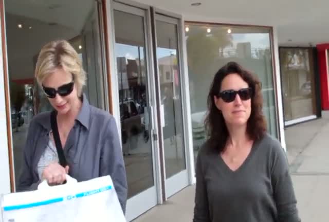 Jane Lynch talks about her show "Glee" whilst walking in West Hollywood