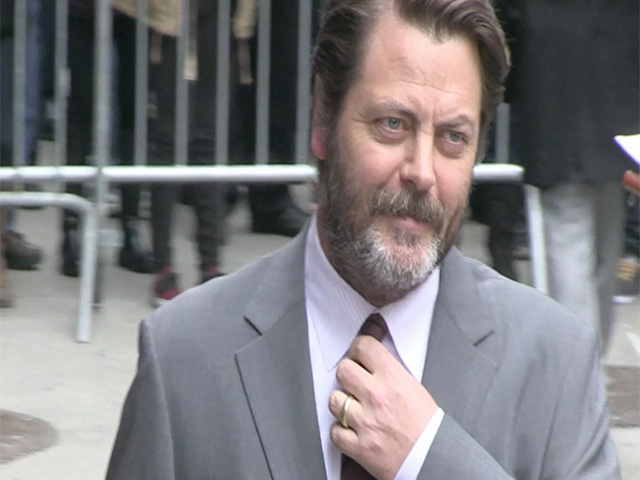 Comedy Guy Nick Offerman Tries To Be Sexy For Paparazzi Outside 'Letterman'