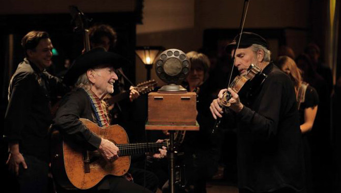 Willie Nelson and Merle Haggard pictured recording 'Old Fashioned Love'