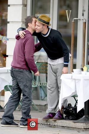 Will Young hugs DJ Scott Mills while out for coffee with a friend London, England - 30.10.09
