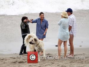 Mila Kunis, Jenna Elfman and Richard Jenkins with a stuntman filming 'Friends with Benefits' on location at a beach Los...