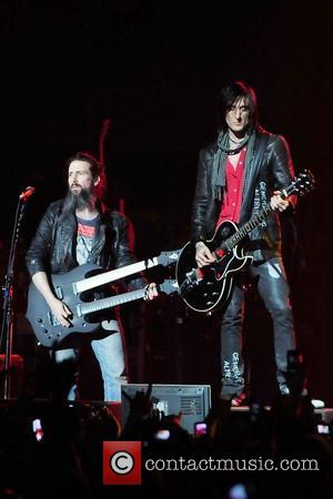 Ron Bumblefoot Thal and Richard Fortus of Guns N' Roses performs at the American Airlines Arena during his North American...