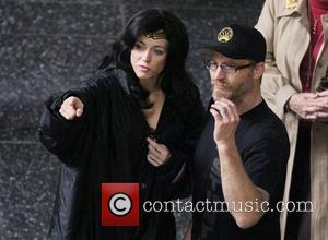 Adrianne Palicki talks with a production member whilst filming scenes for 'Wonder Woman'   Hollywood, California - 31.03.11