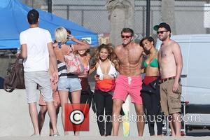 Mollie King, Vanessa White and Frankie Sandford of The Saturdays take surfing lessons on Venice Beach Los Angeles, California -...