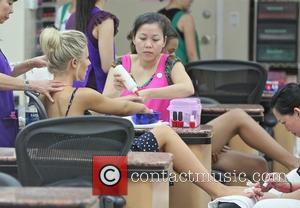 Frankie Sandford and Mollie King of The Saturday's  get manicures at a salon in Beverly Hills Los Angeles, California...