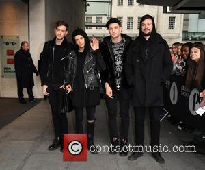 The 1975, Matthew Healy, Adam Hann, George Daniel and Ross MacDonald - Celebrities at the BBC Radio 1 studios -...