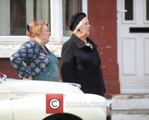 Stephanie Cole and Linda Baron - British actor Tim Healey seen on the set of the sequel to the BBC...